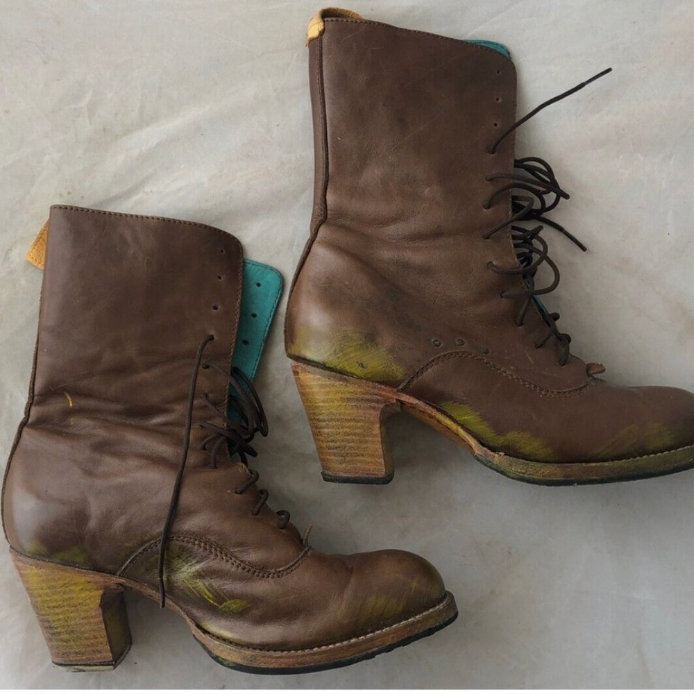 PS Kaufman  Brown Crosswalk Leather Block Heel Lace Up Ankle Boots Size 9.5